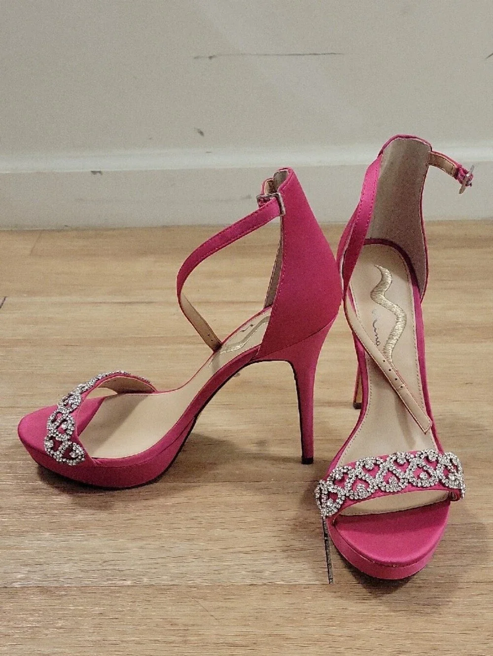 Nina Hot Pink Crystal-Strap Ankle-Heel Sandals